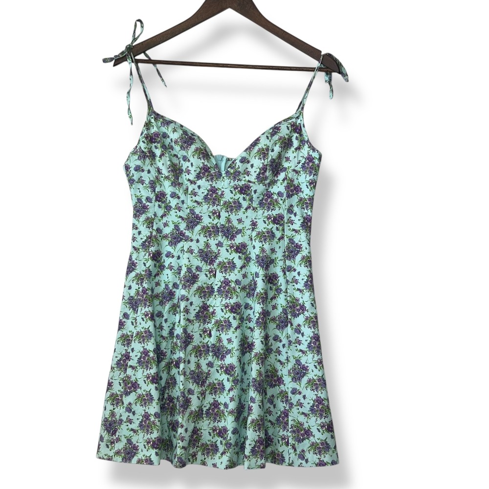 Zara Mini Dress M Blue Floral Tie Shoulder Coquette Girly Cotton Cottagecore Y2K